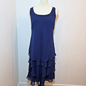 Ignite Evening S.L. Navy Beaded Tiered Capelet Shift Dress Knee Length Size12